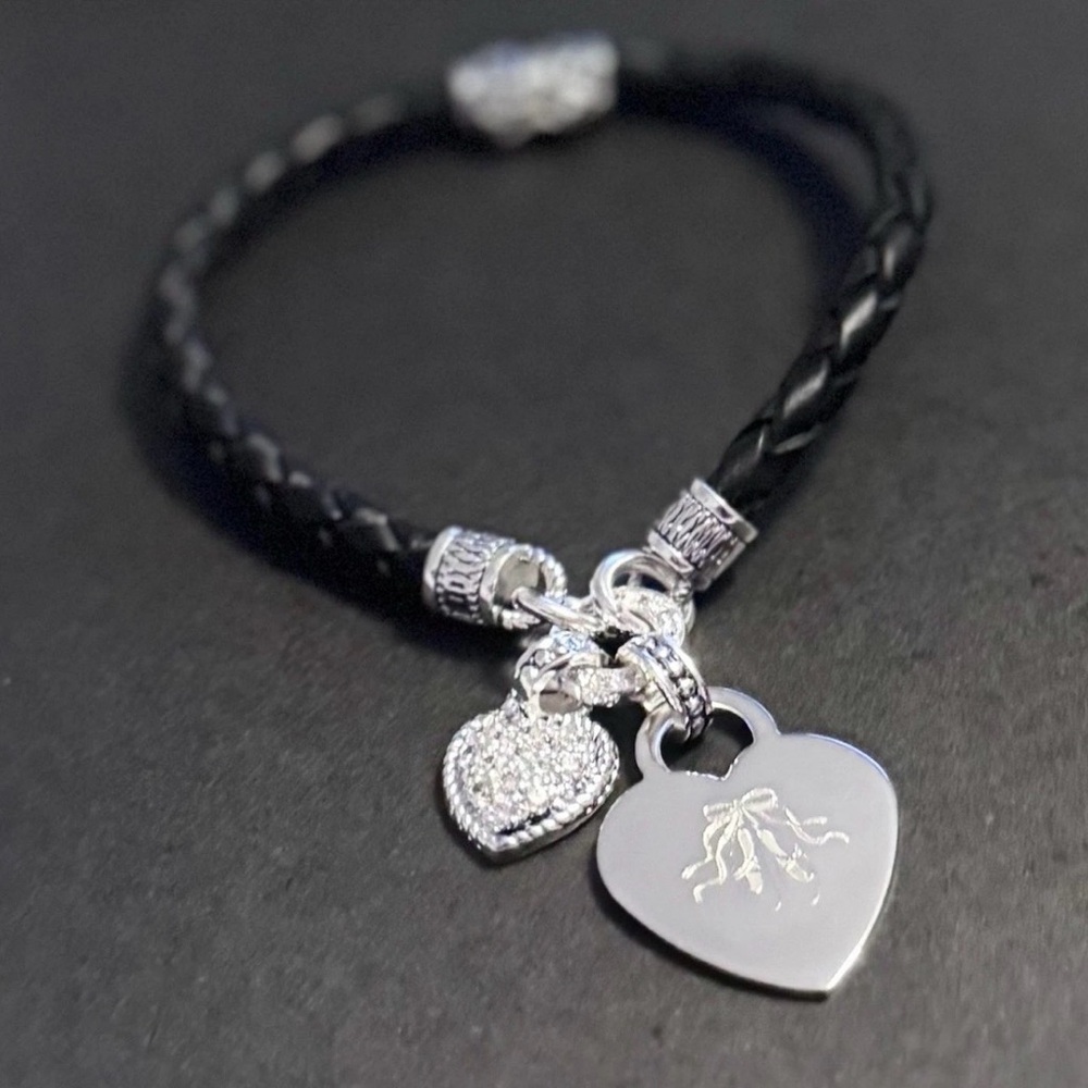 Black Braided Leather Charm Bracelet Silver Heart Ballet Shoe Dangle
